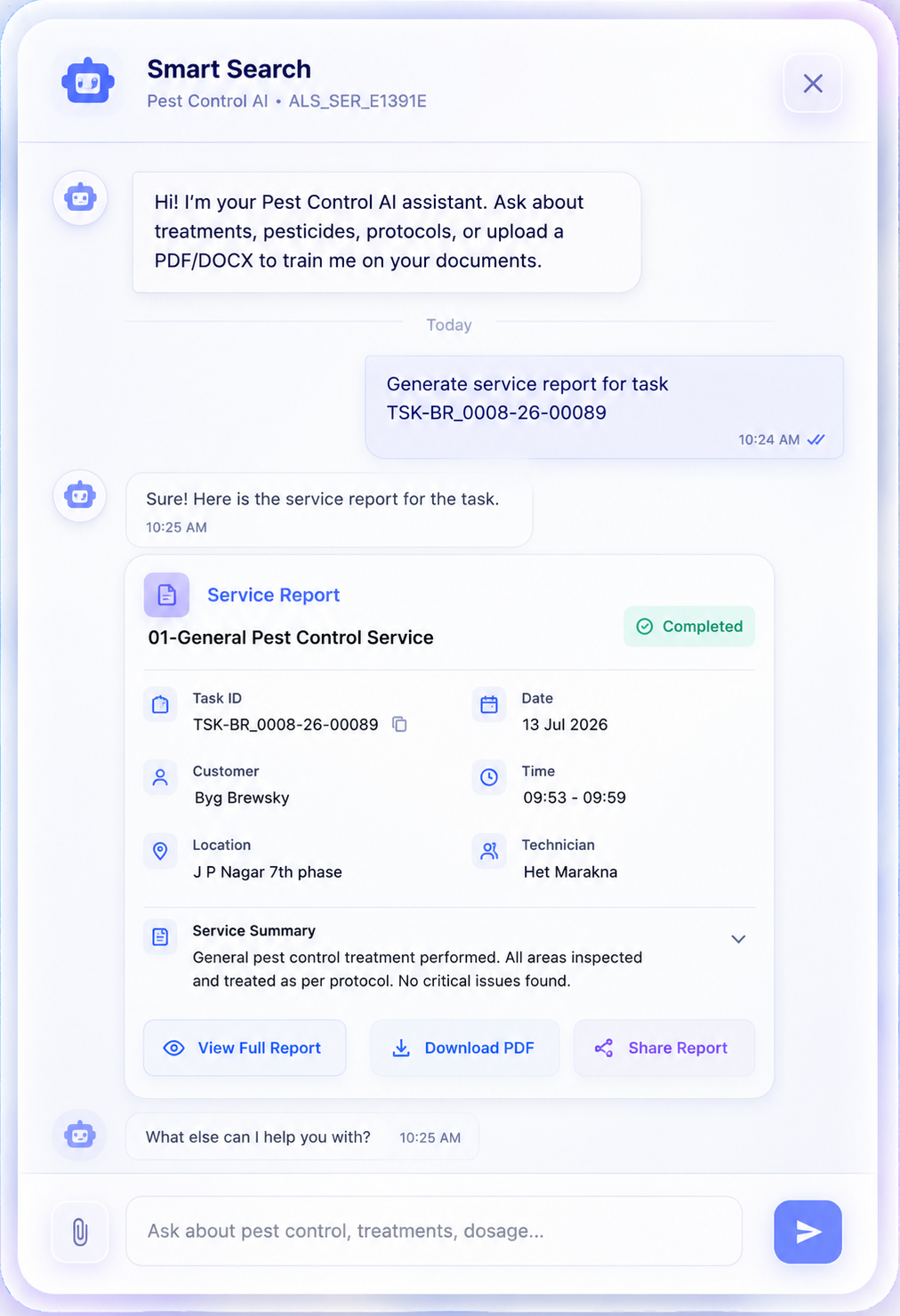 Seravion Connect AI Assistant showing a service report generated from a task ID conversation