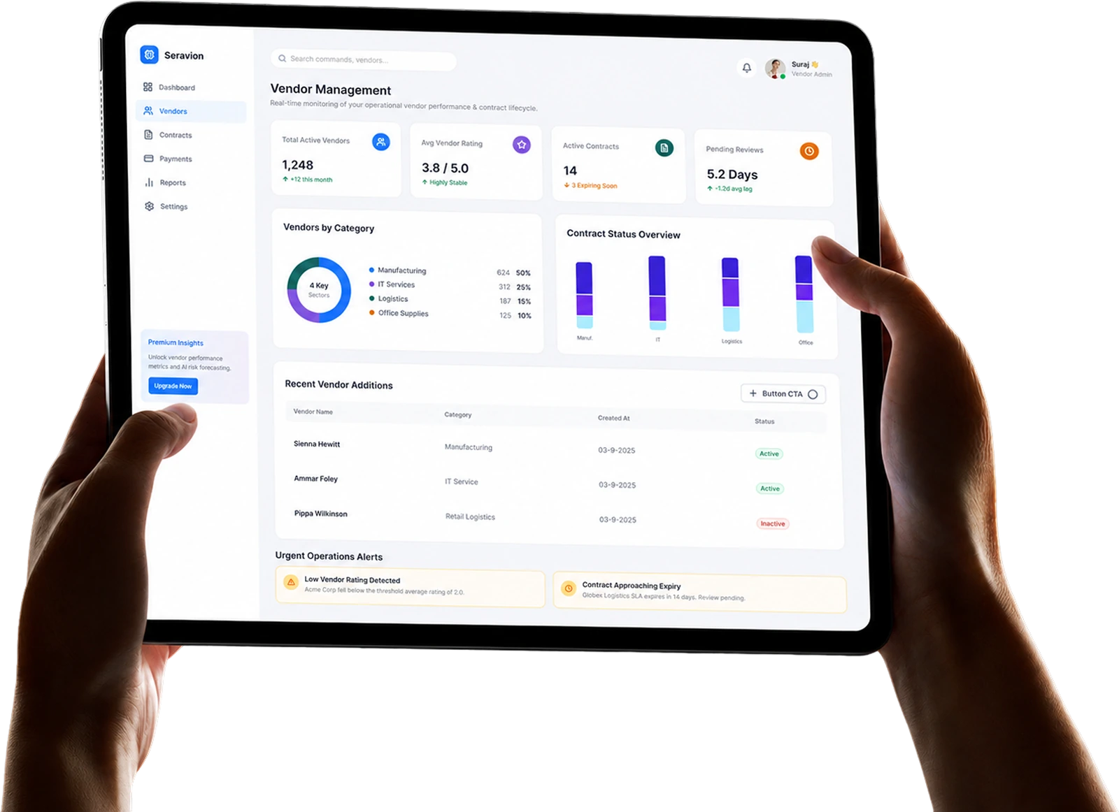 Seravion Connect vendor management dashboard on a tablet