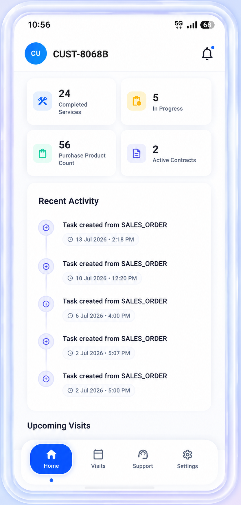 Customer Mobile App showing completed services, active contracts, and recent activity