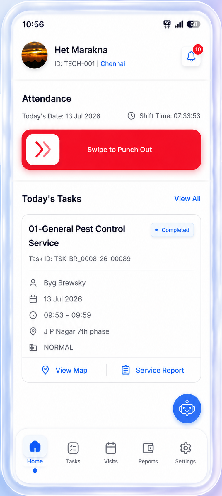 Technician Field App showing attendance swipe, today's tasks, and service report for a pest control job